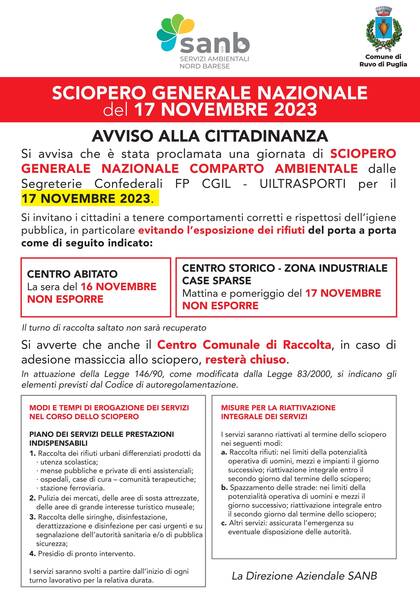 Il personale SANB aderisce allo sciopero generale del 17 novembre