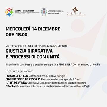“GIUSTIZIA RIPARATIVA E PROCESSI DI COMUNITÀ” Mercoledì 14 nuovo appuntamento per il ciclo la dote e la rete