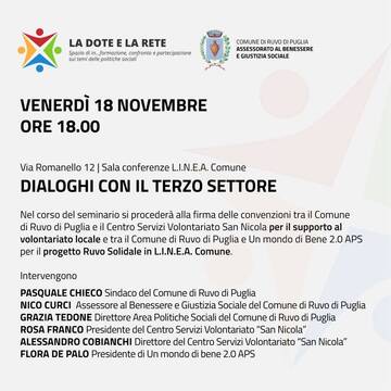 “La dote e la rete”, venerdì 18 incontro sul tema “Dialoghi con il terzo settore”