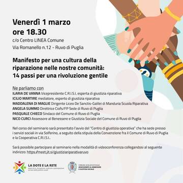  “Manifesto Per Una Cultura della riparazione nelle nostre comunità”, Venerdì 1 marzo presentazione pubblica Del “Centro di Giustizia Riparativa” 