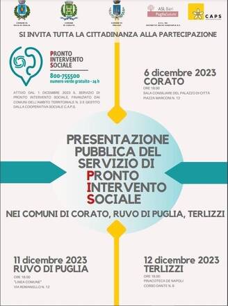 Al via a Ruvo di Puglia il servizio di Pronto Intervento Sociale per situazioni di grave marginalità