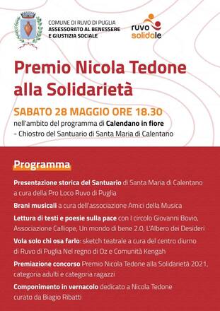 Sabato 28 maggio a Calentano cerimonia di premiazione per il “Premio Nicola Tedone”