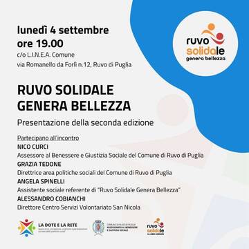 “Ruvo Solidale Genera Bellezza”, lunedì 4 settembre incontro pubblico di presentazione