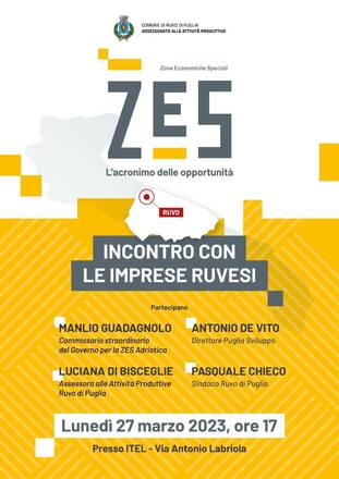 “Zona Economica Speciale”, tutti i vantaggi per le imprese di Ruvo di Puglia spiegati in un incontro pubblico lunedì 27 marzo